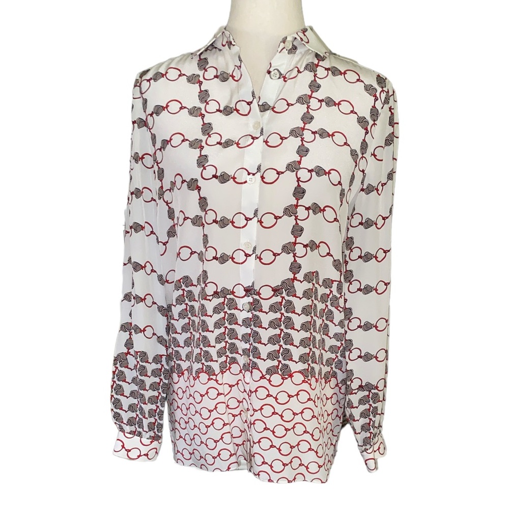 Carlisle Collection Silk Ivory & Red Chain Knot Print Blouse - 2
